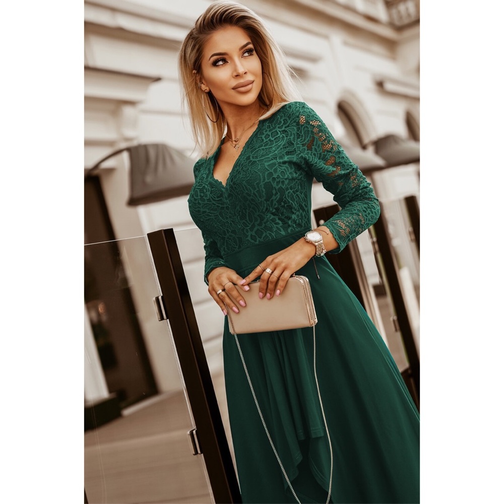 Green V-neck Long Sleeve Lace Backless High
and Low Hem Evening Dress - Picture 3 of 8